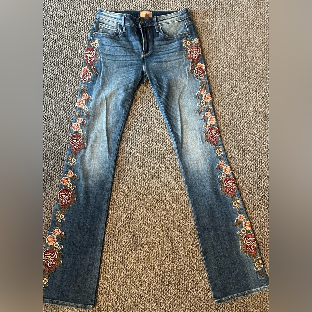 DRIFTWOOD Blue Jeans with Red and Pink Floral Embroidery